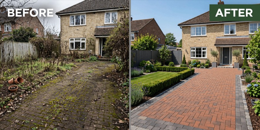 Before and after of a driveway: a moss-covered paved drive transformed into new block paving with lawn and planting